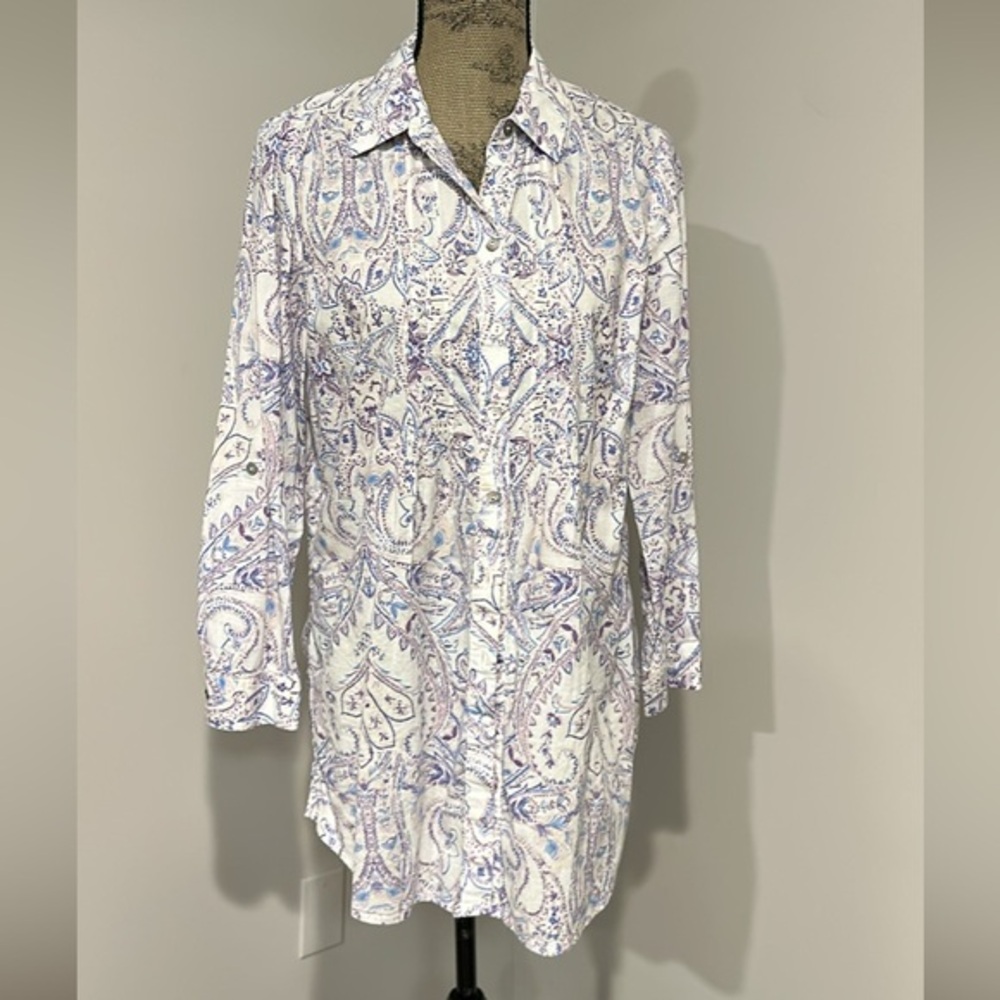 Chico's White Blue Purple Paisley Button Down tunic Shirt Size Small
